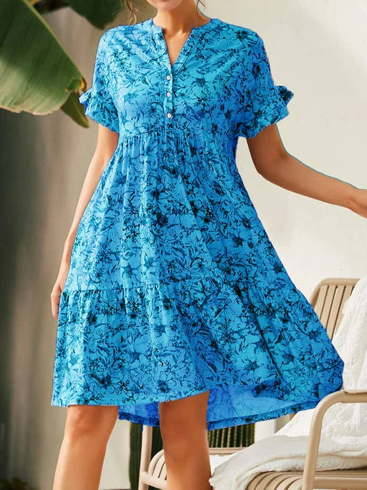 V-neck button-up print short-sleeved dress