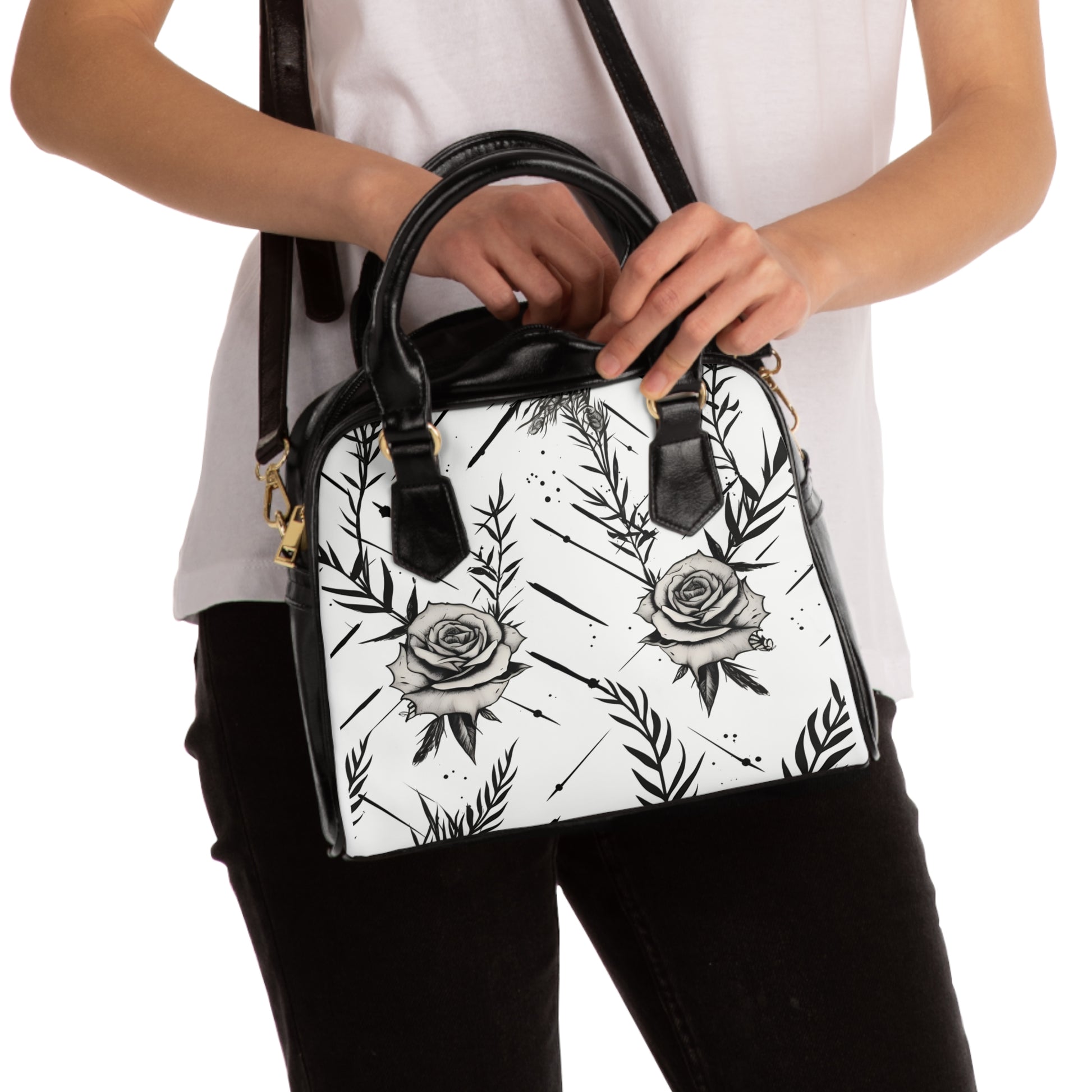 Gothic shoulder bag with thorned rose design - alternative fashion handbag featuring dark floral pattern with edgy thorns and romantic blossoms