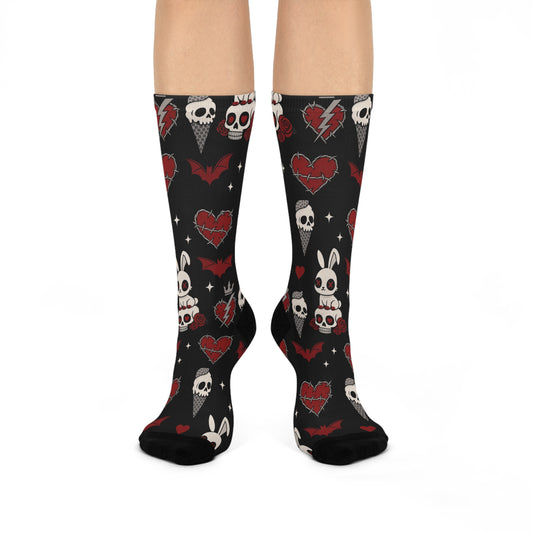 Cryptstep cushioned crew socks with gothic design
Alternative fashion punk rock socks with gothic motif
Edgy gothic crew socks for daily wear and festivals
