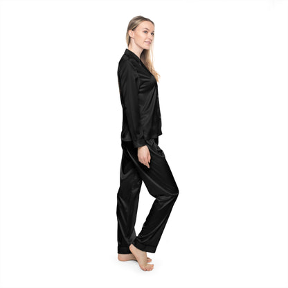 "Luxurious black satin pajama set with notch lapel collar and custom rebel design, showcasing alternative loungewear elegance"
