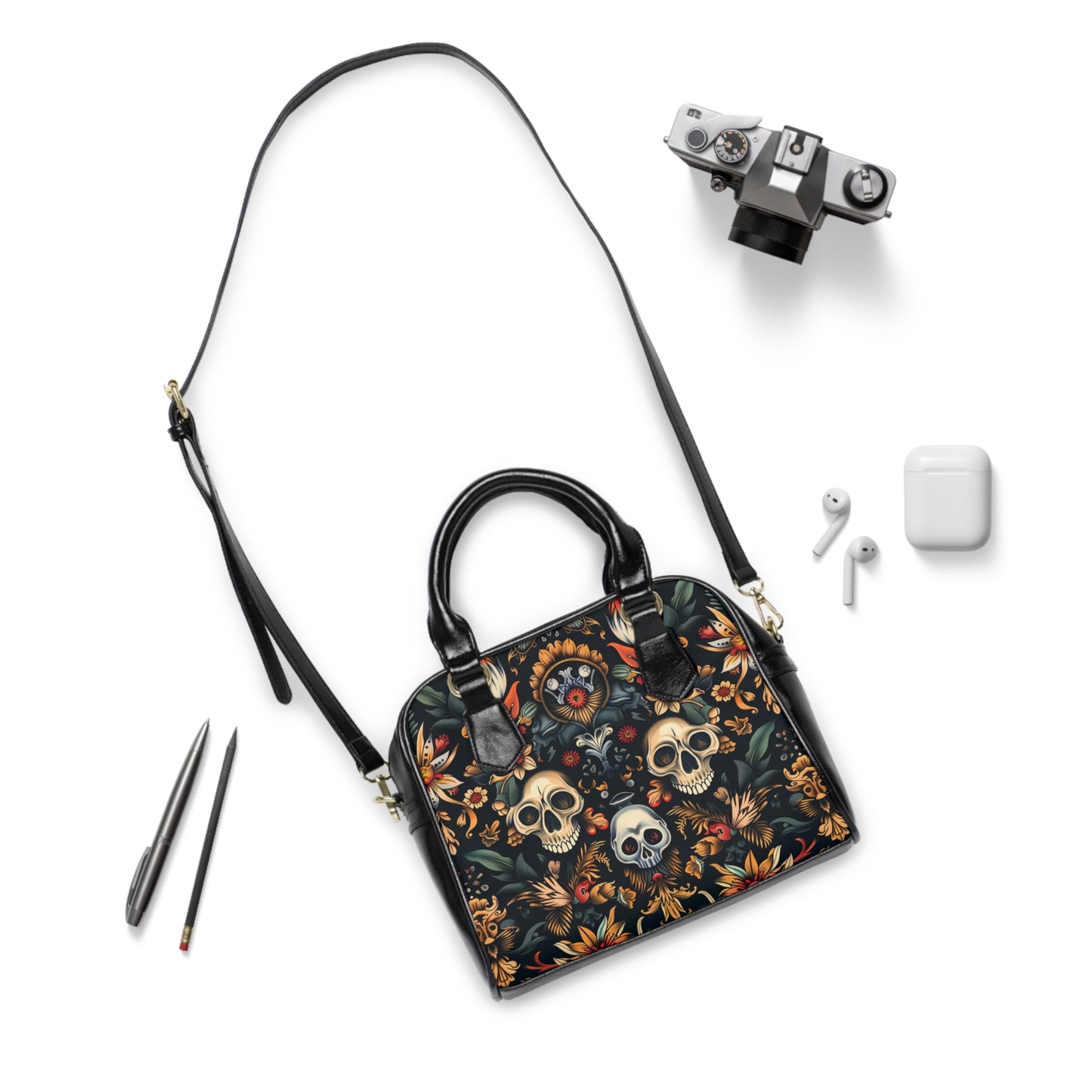 Gothic shoulder bag with skeleton design - alternative fashion handbag featuring macabre bone pattern and dark elegant style