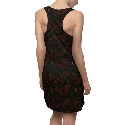 Crimson Muse gothic maxi dress in crimson tones 
Black dress with crimson red moth pattern on a white background
Edgy butterfly pattern punk rock dress