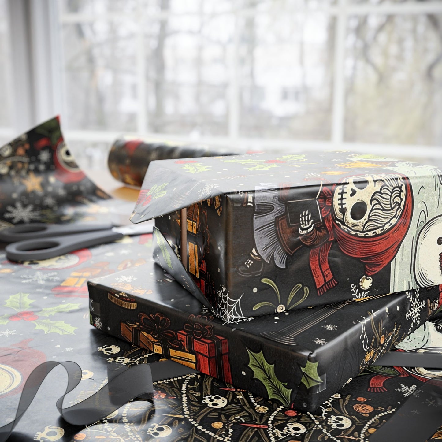 Deck The Halls With Little Skulls In Black Holiday Wrapping Paper In Black - Pack of 10