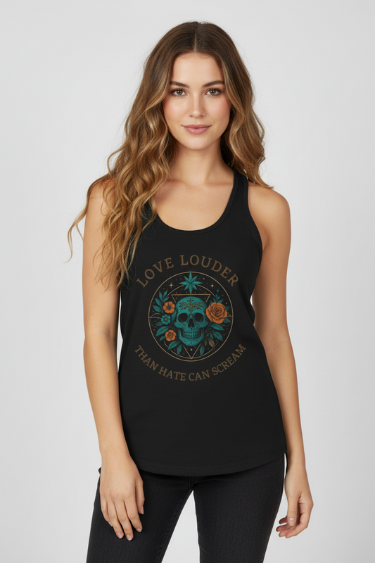 Woman wearing a black tank top with a graphic design and text on a plain background