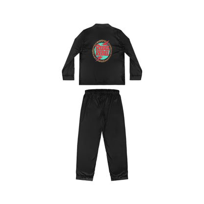 "Luxurious black satin pajama set with notch lapel collar and custom rebel design, showcasing alternative loungewear elegance"

