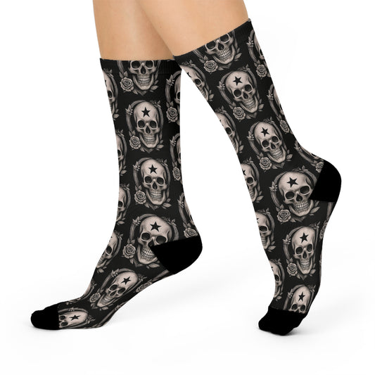 Hexstep cushioned crew socks with gothic motif
Alternative fashion punk rock socks
Edgy gothic crew socks with comfort design