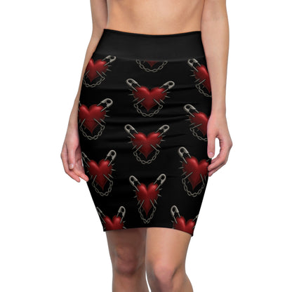 punk rock pencil skirt, gothic heart skirt, bodycon punk skirt, alternative fashion pencil skirt, edgy rocker girl skirt, rebellious gothic outfit