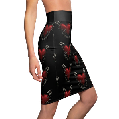 punk rock pencil skirt, gothic heart skirt, bodycon punk skirt, alternative fashion pencil skirt, edgy rocker girl skirt, rebellious gothic outfit