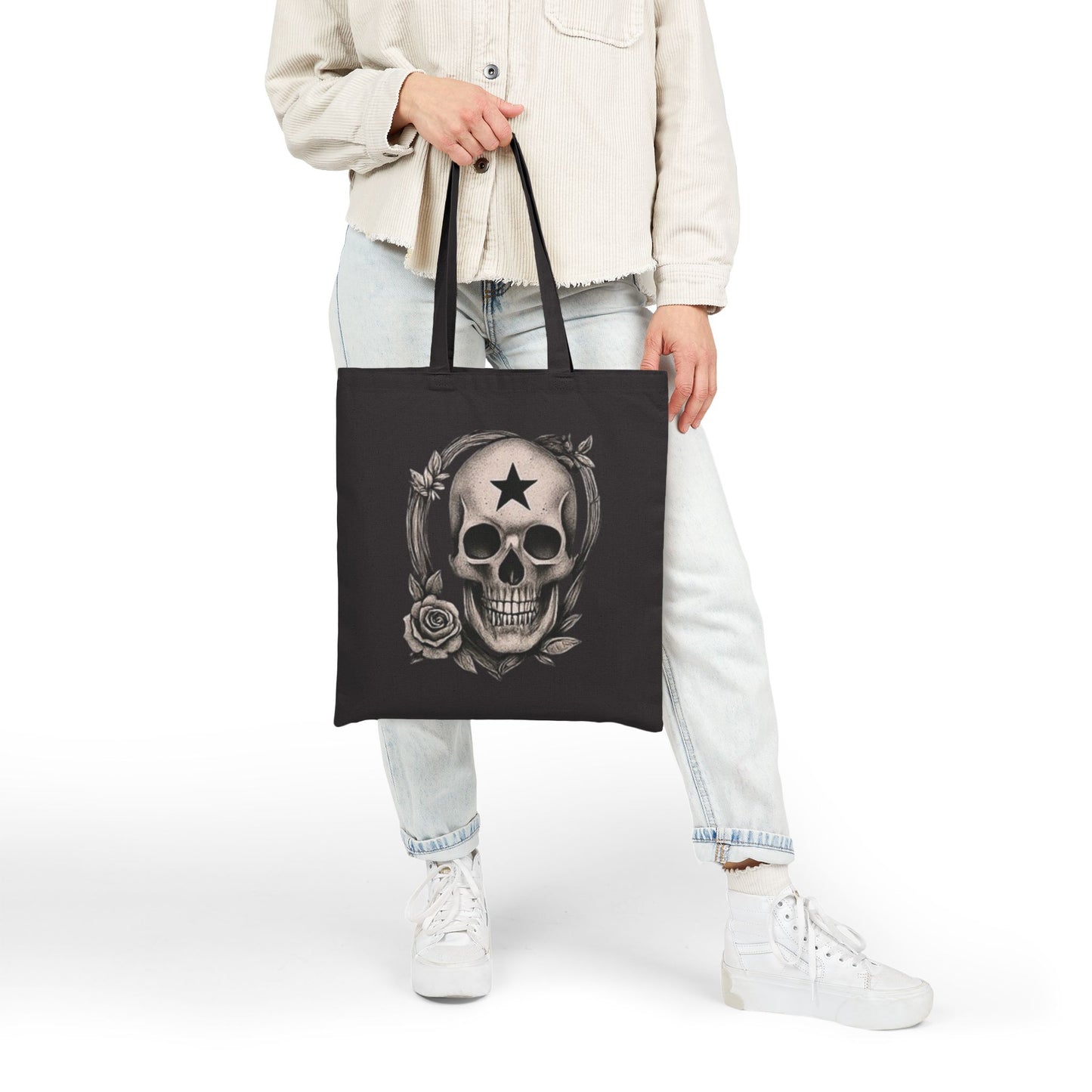 Rose Reaper gothic tote bag with skull and rose motif

Alternative fashion reusable tote with gothic skull design

Edgy gothic tote bag for everyday carry