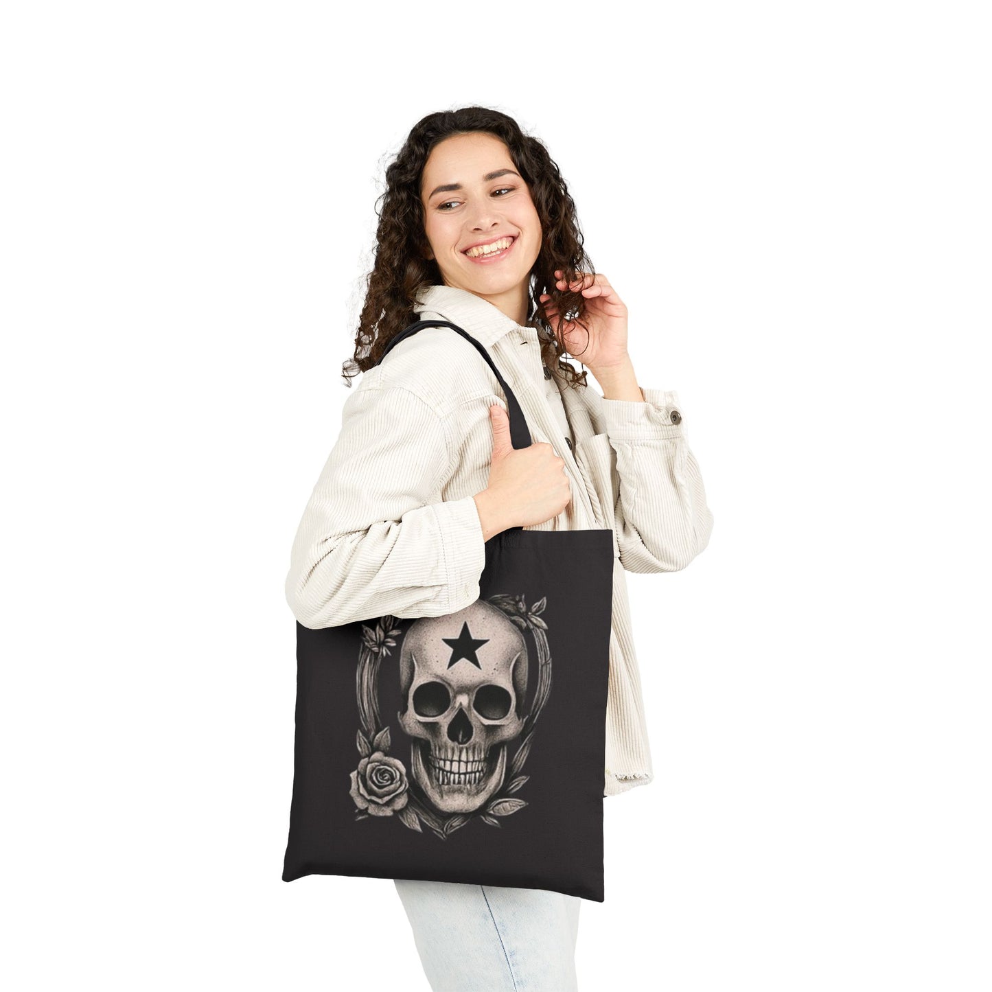 Gothic Skull Tote Bag, Chic Reusable Shopping Bag, Stylish Gift for Halloween, Eco-Friendly Accessory, Rose Design