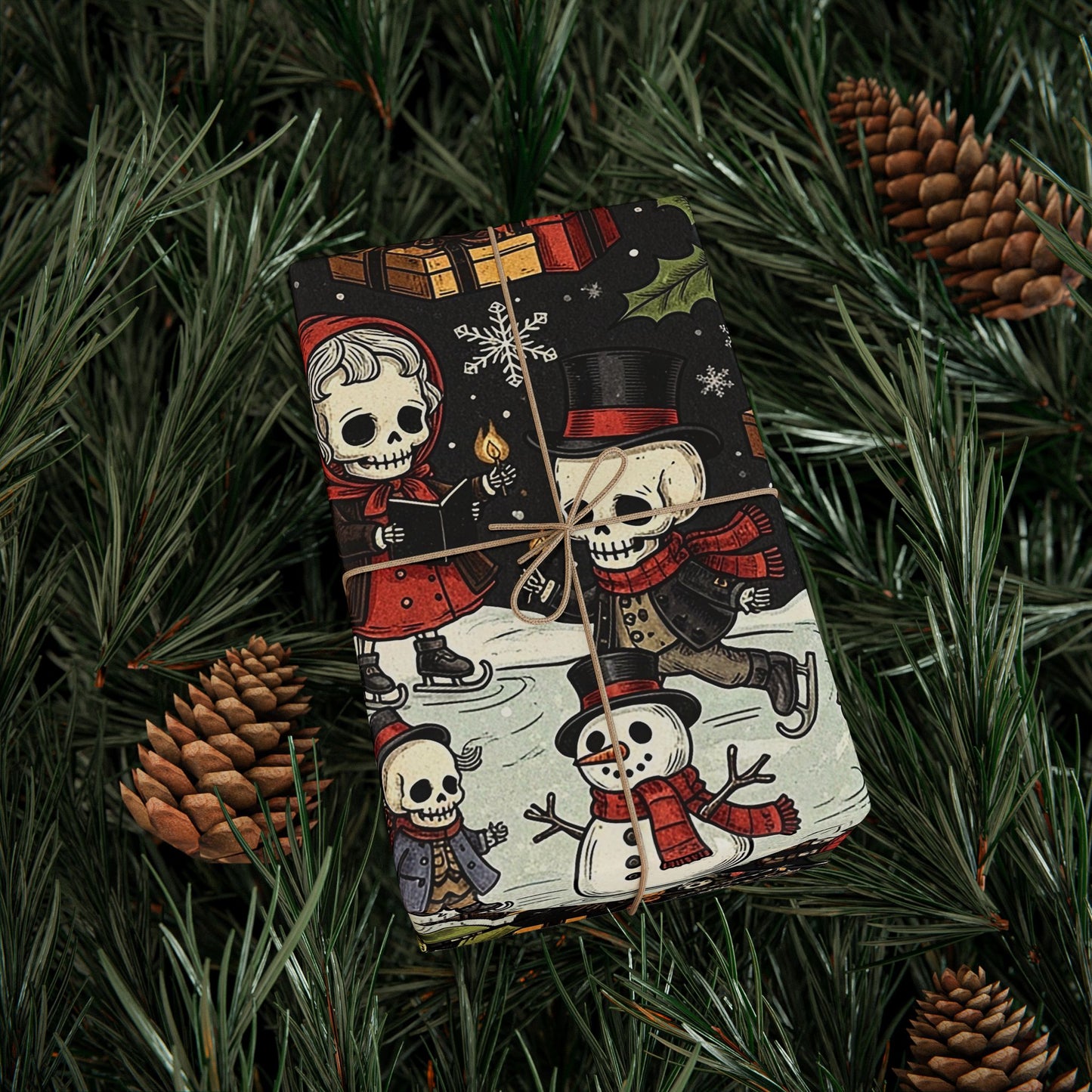 Deck The Halls With Little Skulls In Black Holiday Wrapping Paper In Black - Pack of 10
