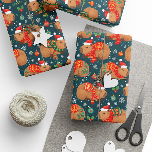 Christmas Capybara Wrapping Paper — Blue Holiday Animal Gift Wrap