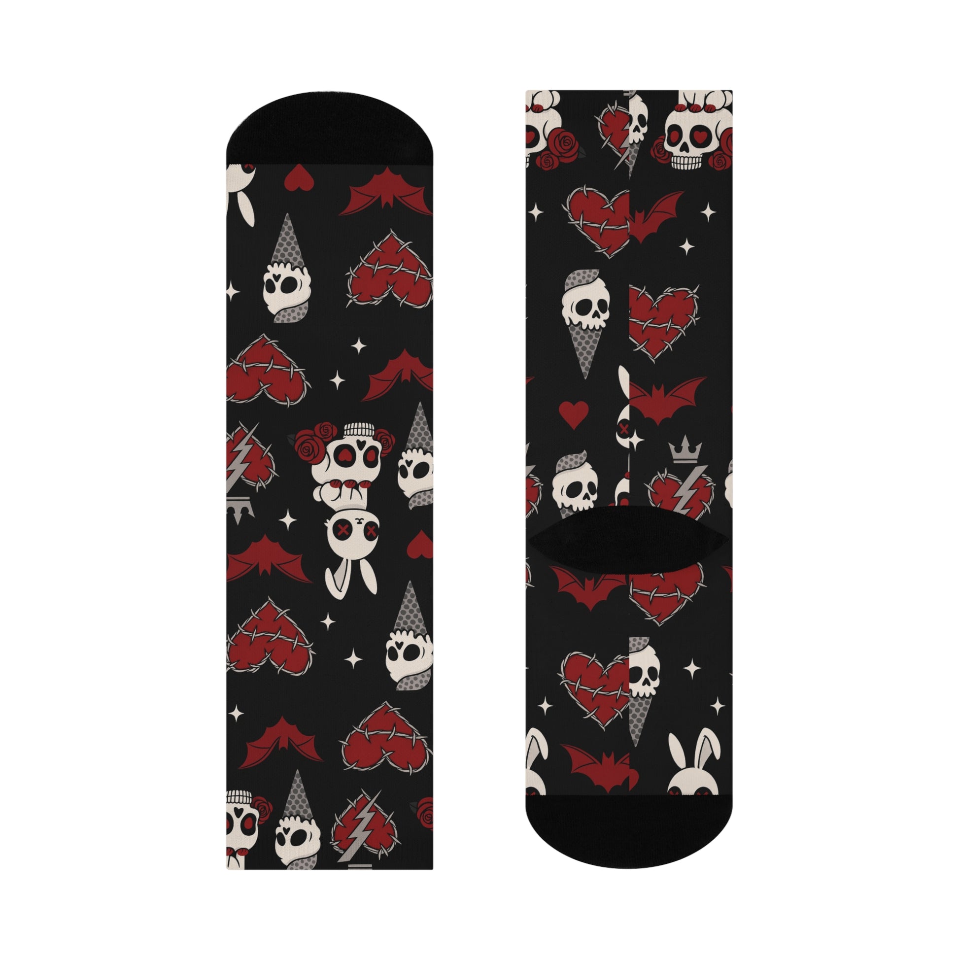 Cryptstep cushioned crew socks with gothic design
Alternative fashion punk rock socks with gothic motif
Edgy gothic crew socks for daily wear and festivals
