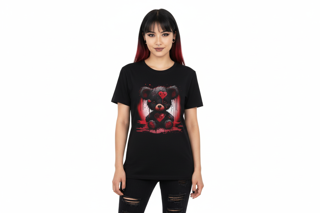 Person wearing a black t-shirt with a graphic design on a white background