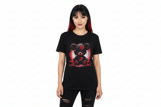 Person wearing a black t-shirt with a graphic design on a white background