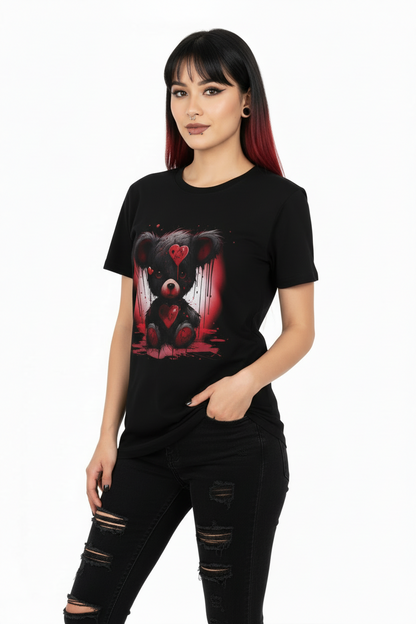 Person wearing a black t-shirt with a graphic design on a white background
