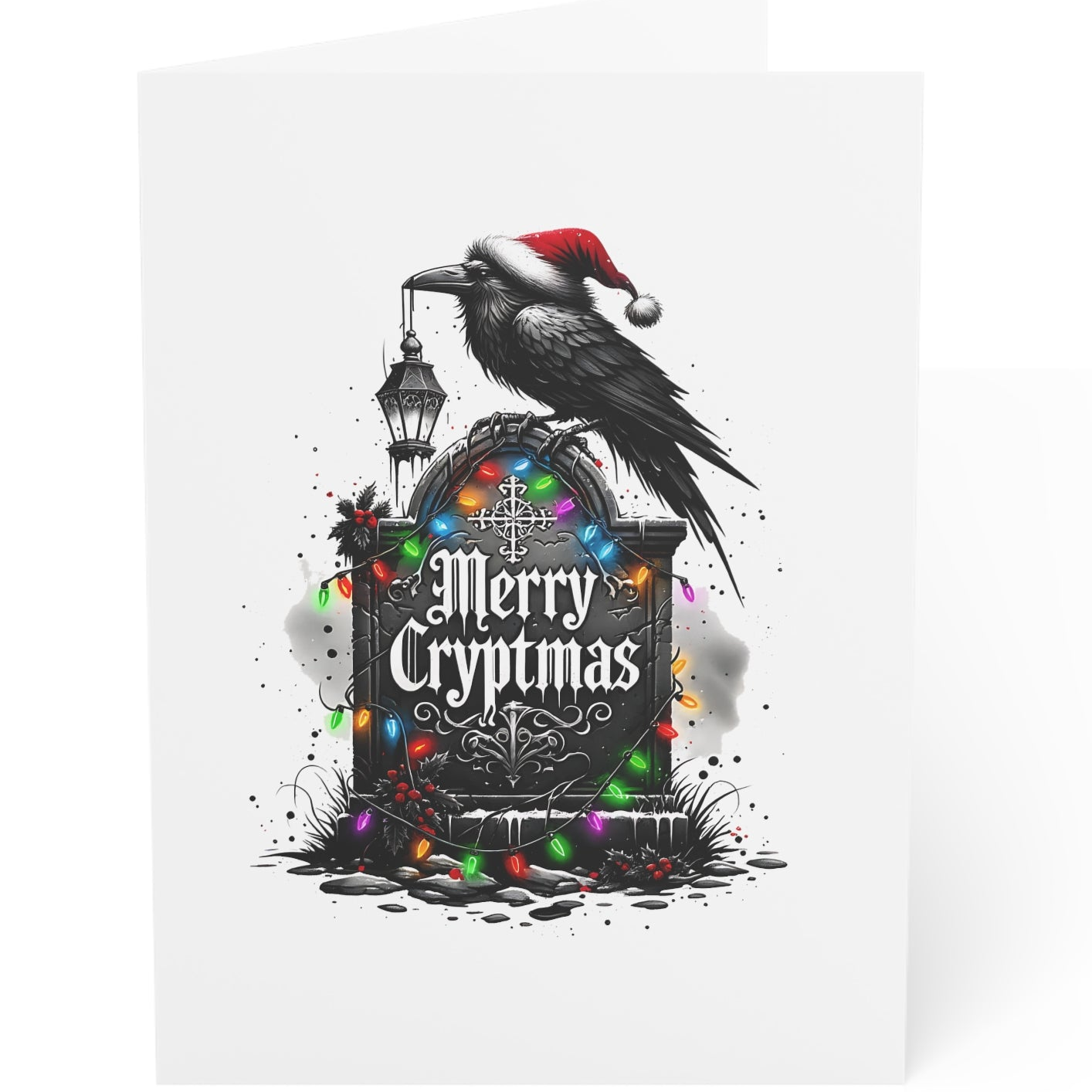Gothic Christmas design with a raven, tombstone, and colorful lights on a white background