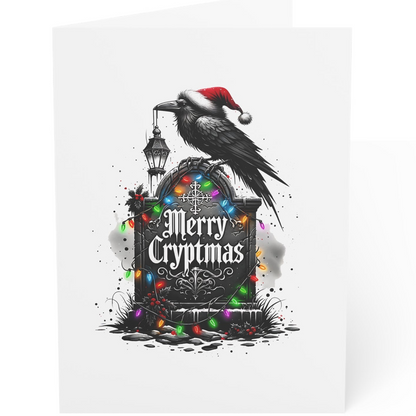 Gothic Christmas design with a raven, tombstone, and colorful lights on a white background