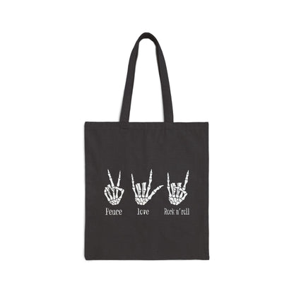 Rock and roll canvas tote bag with bold rock hand symbol - music-inspired carry-all featuring durable design and concert-ready style