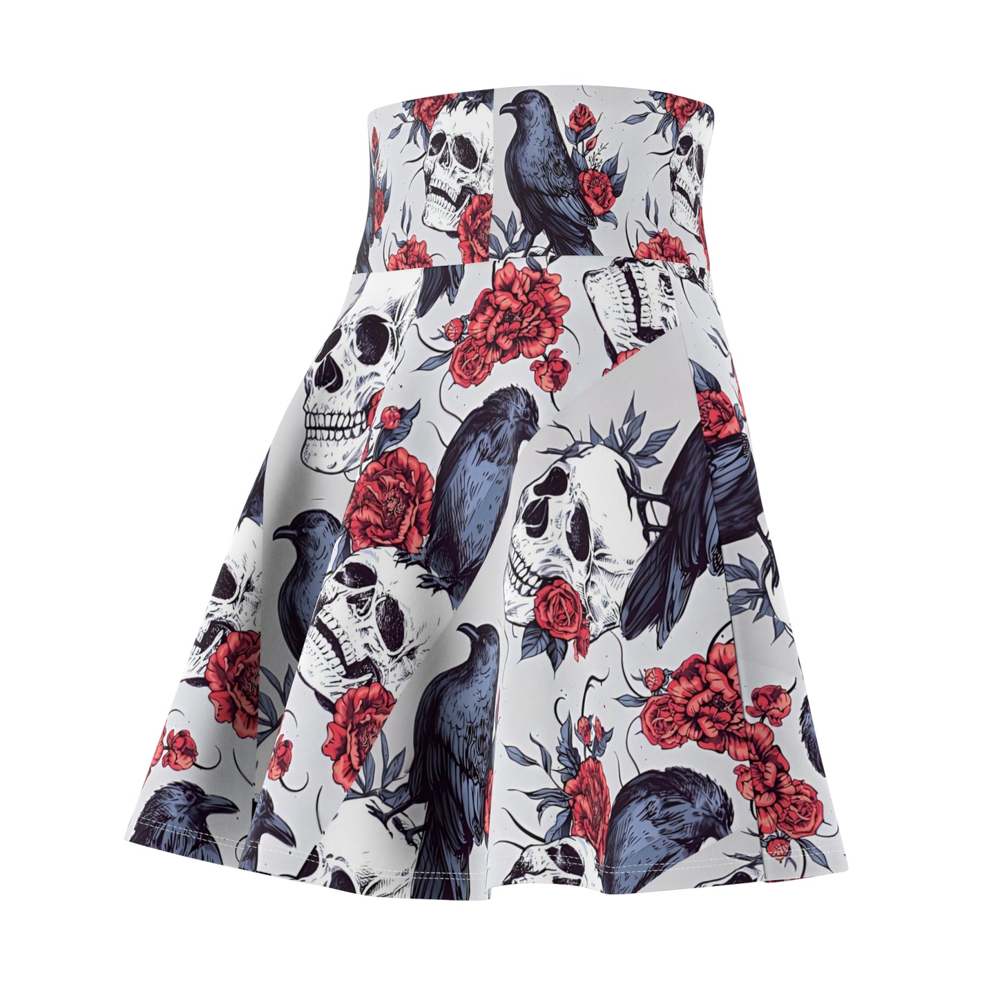 "Gothic skater skirt with raven design shown on size-inclusive model, featuring flared silhouette and high waist"
