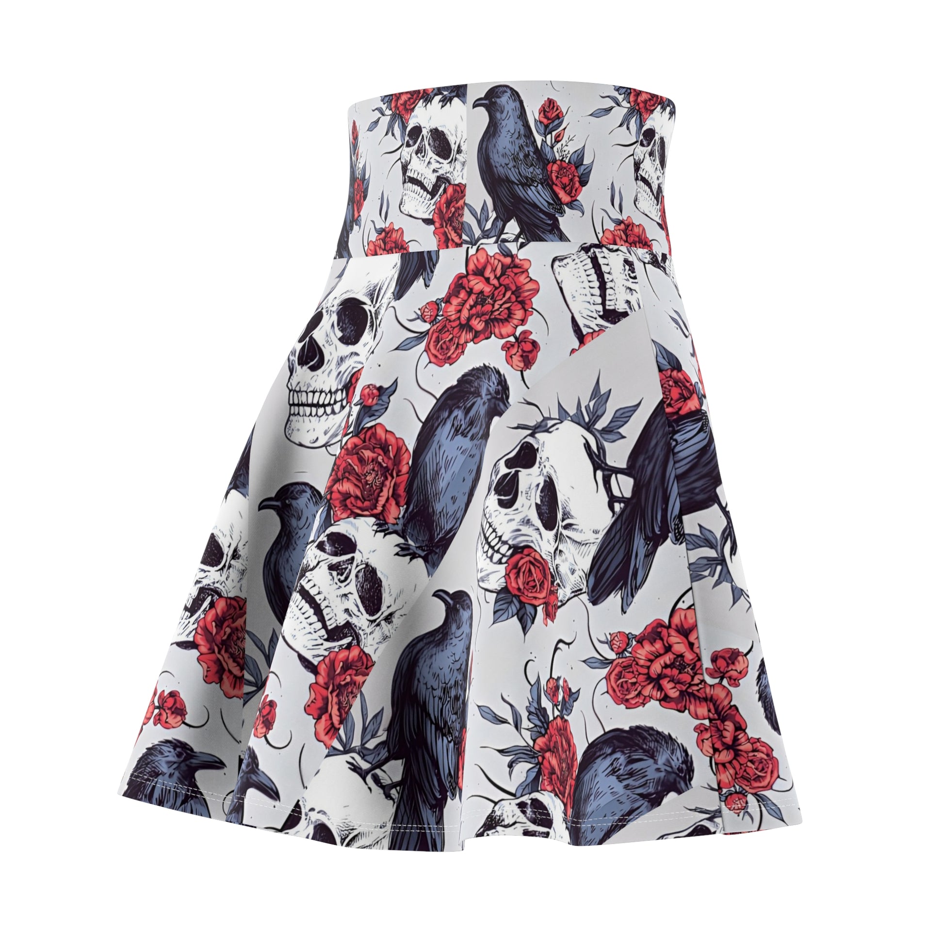 "Gothic skater skirt with raven design shown on size-inclusive model, featuring flared silhouette and high waist"
