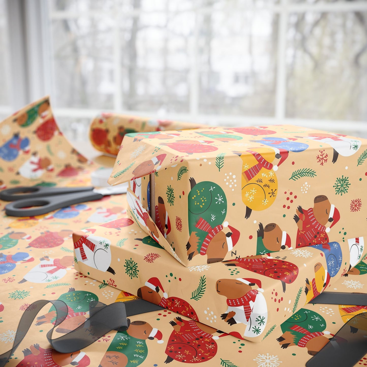 The Sleepiest Christmas Capybara Wrapping Paper — Multi-Color Holiday Animal Gift Wrap a