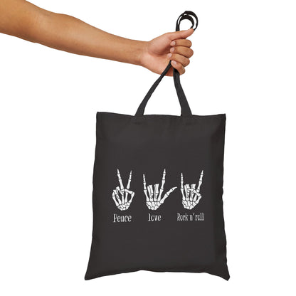 Rock and roll canvas tote bag with bold rock hand symbol - music-inspired carry-all featuring durable design and concert-ready style