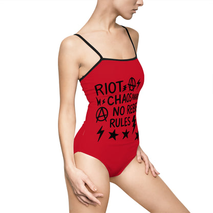 Red Riot punk one-piece swimsuit with skull design
Gothic skull swimsuit in red tones
Edgy alternative fashion punk swimsuit