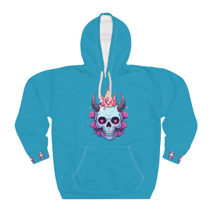 Gothic teal hoodie with skull design - alternative fashion featuring unique color and edgy artwork in inclusive sizing S-5XL