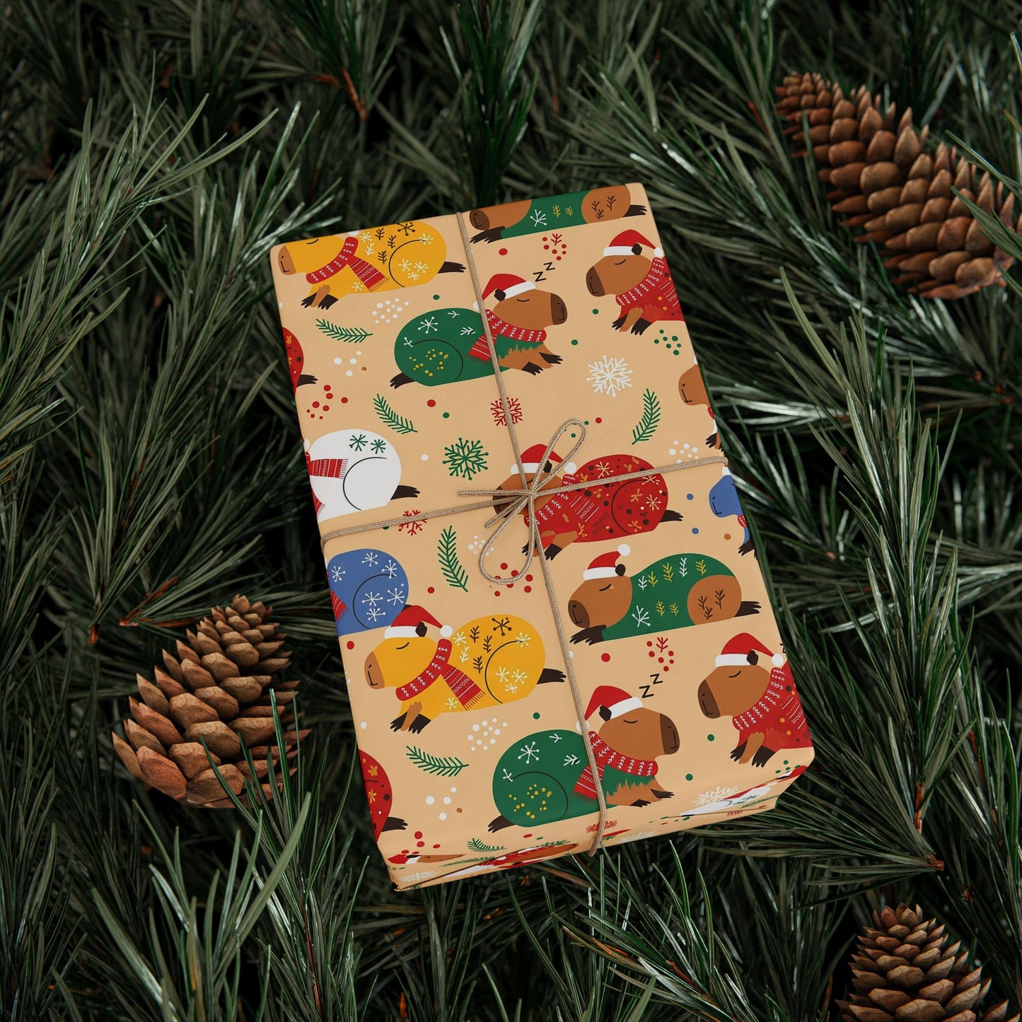 The Sleepiest Christmas Capybara Wrapping Paper — Multi-Color Holiday Animal Gift Wrap a