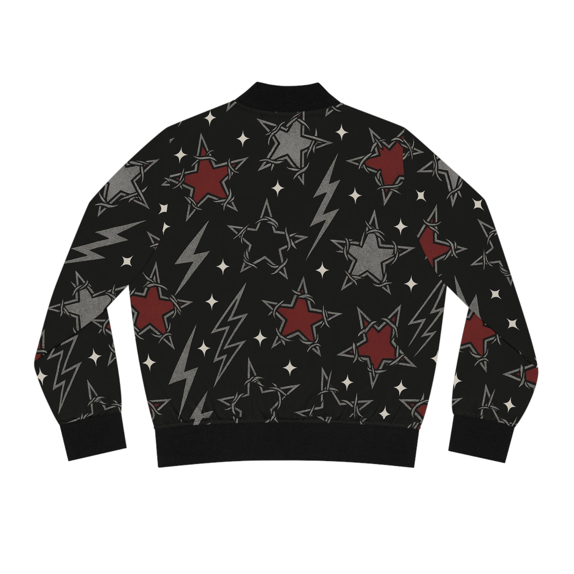 Voidstar gothic bomber jacket with cosmic star motif
Alternative fashion bomber jacket in star pattern
Edgy punk rock bomber jacket with celestial gothic design
