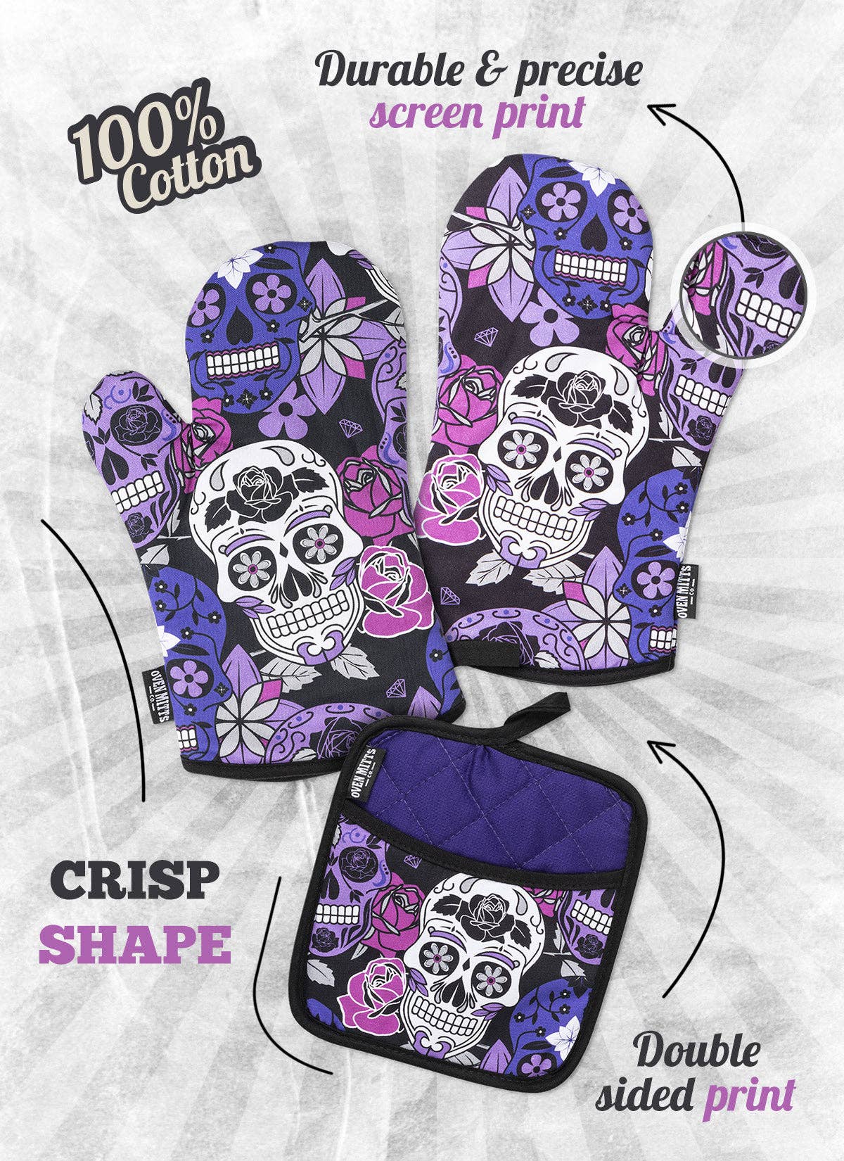 Lilac Sugar Skull Oven Mitts And Potholder Set
