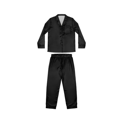 "Luxurious black satin pajama set with notch lapel collar and custom rebel design, showcasing alternative loungewear elegance"
