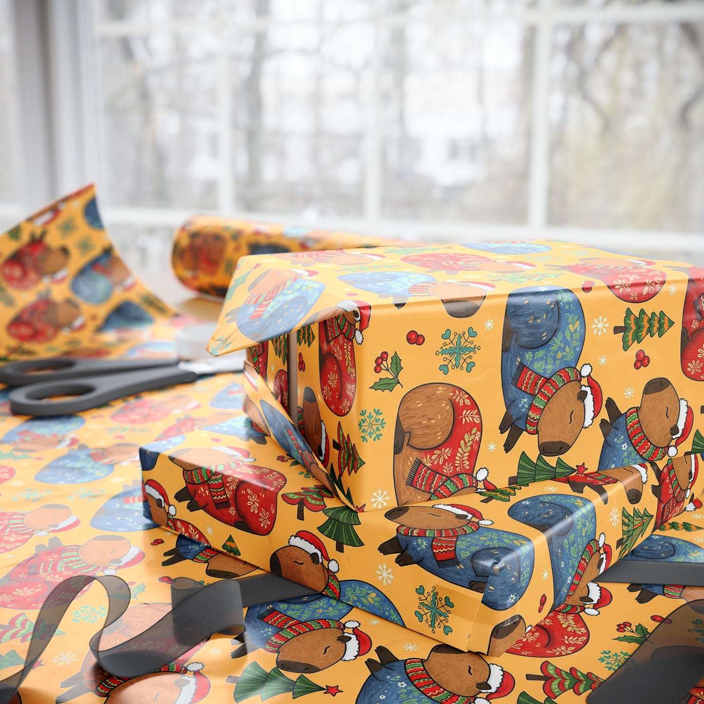Christmas Capybaras Wrapping Paper - Yellow