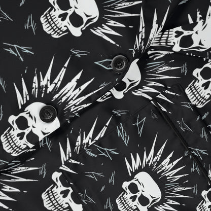 Close-up of gothic skull print on premium black satin fabric showing intricate design details