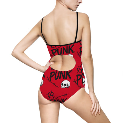Rebel Punk one-piece swimsuit with skull print
Edgy gothic swimsuit with punk skull design
Alternative fashion punk rock swimwear
