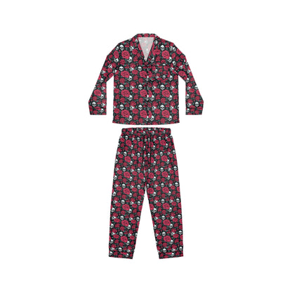 Size-inclusive satin pajama set featuring skull and rose print, available in S-5XL