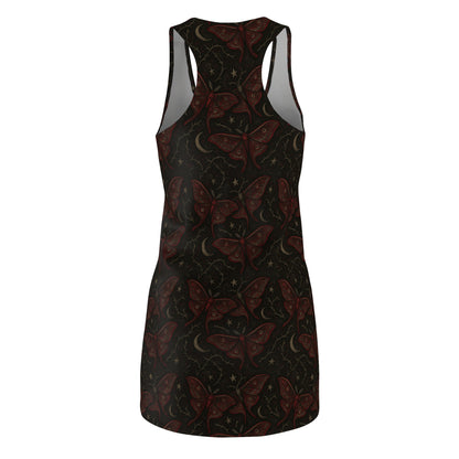 Crimson Muse gothic maxi dress in crimson tones 
Black dress with crimson red moth pattern on a white background
Edgy butterfly pattern punk rock dress