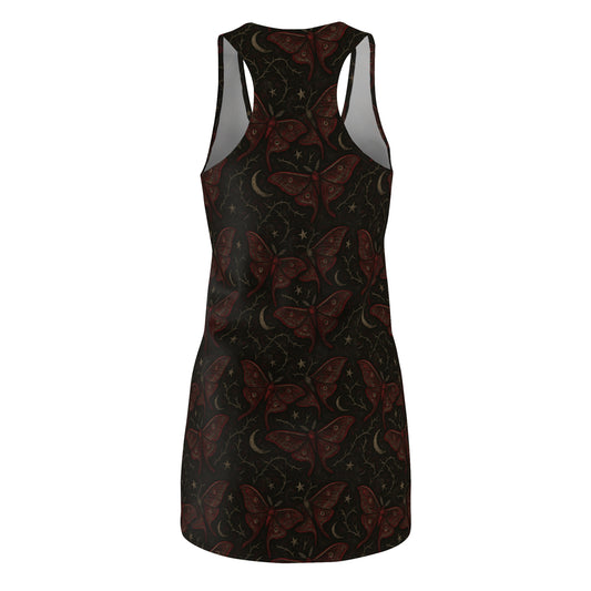 Crimson Muse gothic maxi dress in crimson tones 
Black dress with crimson red moth pattern on a white background
Edgy butterfly pattern punk rock dress