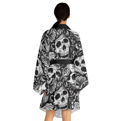 Alternative skull print kimono robe - dark elegant loungewear featuring flowing design and inclusive sizing S-5XL