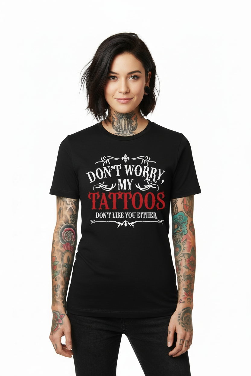 Person wearing a black t-shirt with a humorous tattoo-themed design.