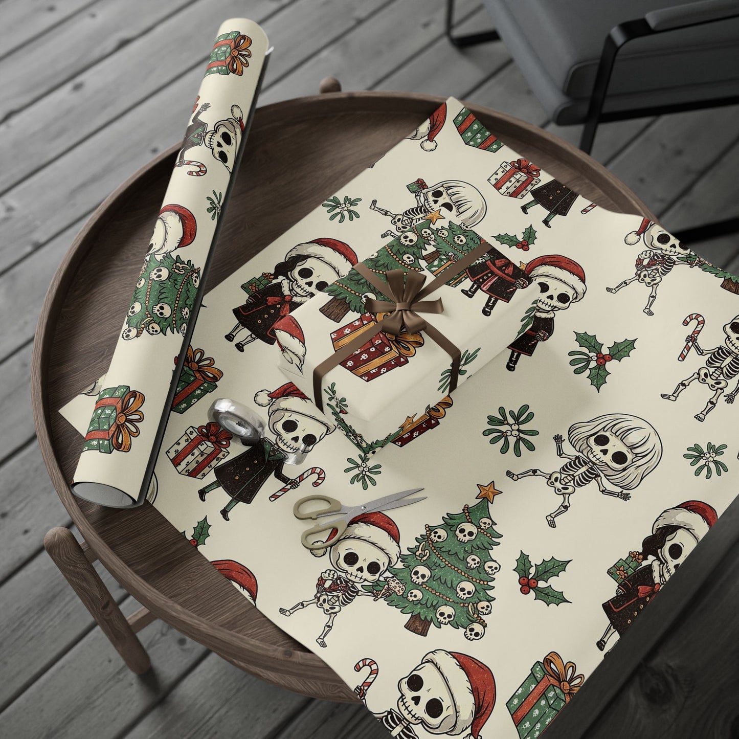 Deck The Halls With Little Skulls In Beige Holiday Gift Wrapping Paper