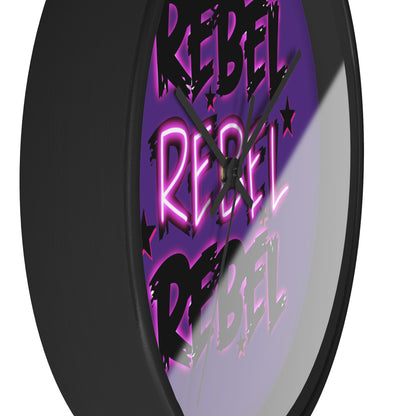 Rock and roll inspired wall clock with REBEL text - music lover's home decor featuring bold design and modern style