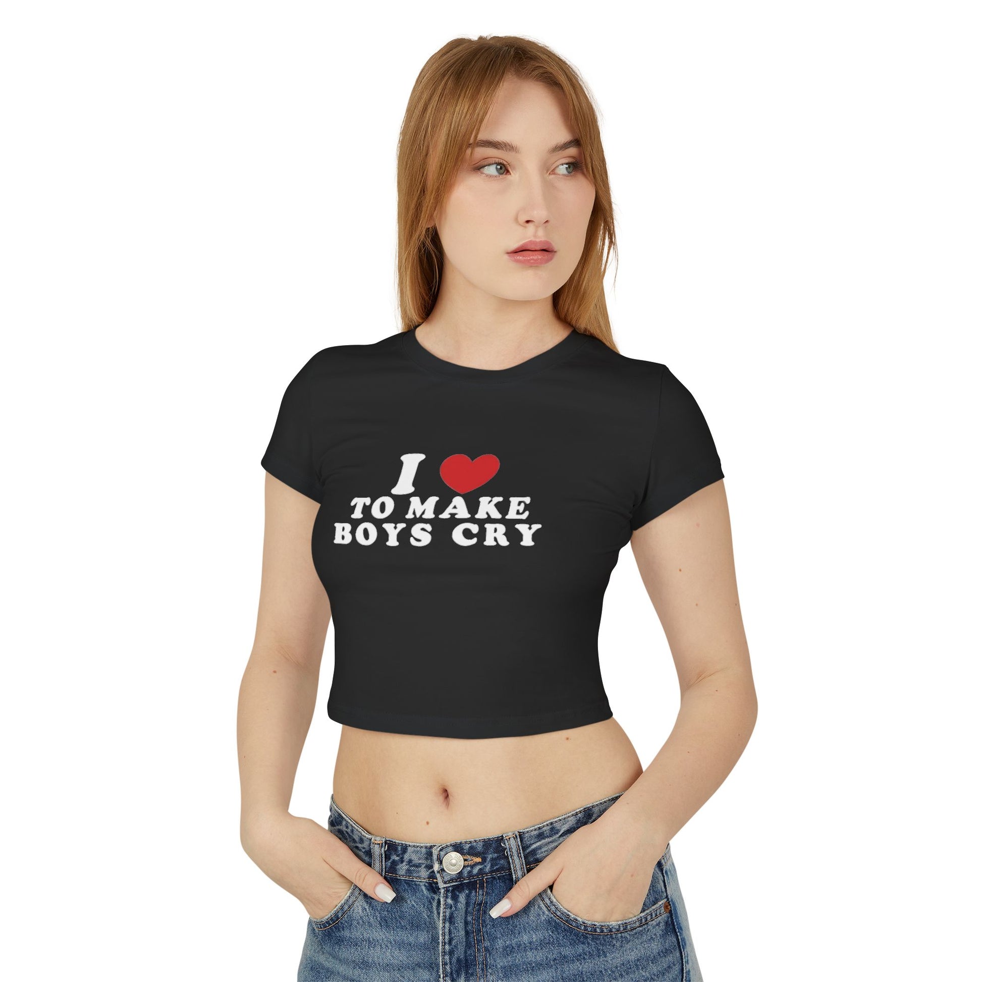 "Close-up of 'I Love to Make Boys Cry' text design showing clear print quality on black baby tee"

"Side view of fitted baby tee showing cropped length and flattering cut for all sizes S-5XL"

"Alternative fashion model wearing statement baby tee paired with high-waisted jeans"

"Back view of empowerment statement tee showing overall fit and fabric quality"

"Detail shot of shirt fabric showing soft material texture and comfortable stretch"
