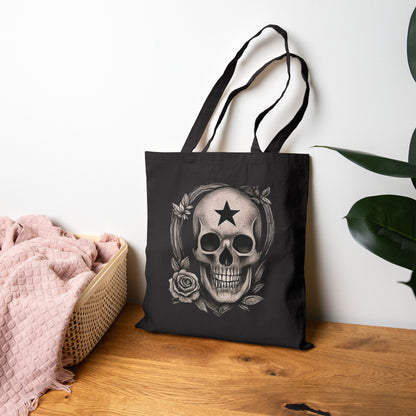 Gothic Skull Tote Bag, Chic Reusable Shopping Bag, Stylish Gift for Halloween, Eco-Friendly Accessory, Rose Design