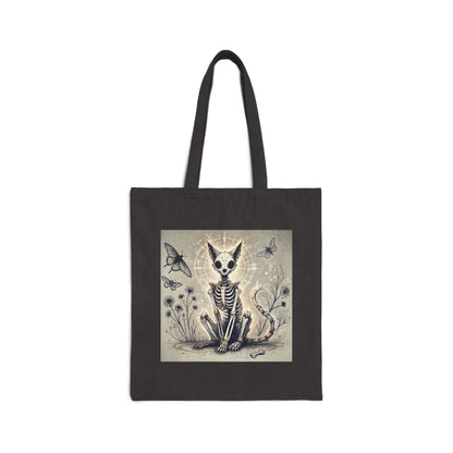 Alternative canvas tote bag with skeleton cat design - edgy feline fashion featuring durable construction and spooky style