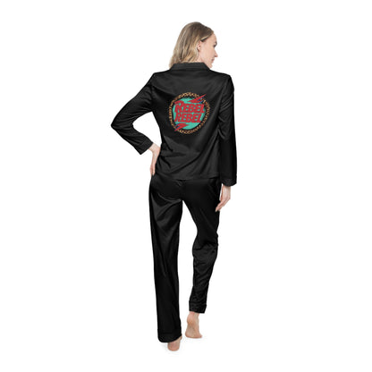 "Luxurious black satin pajama set with notch lapel collar and custom rebel design, showcasing alternative loungewear elegance"
