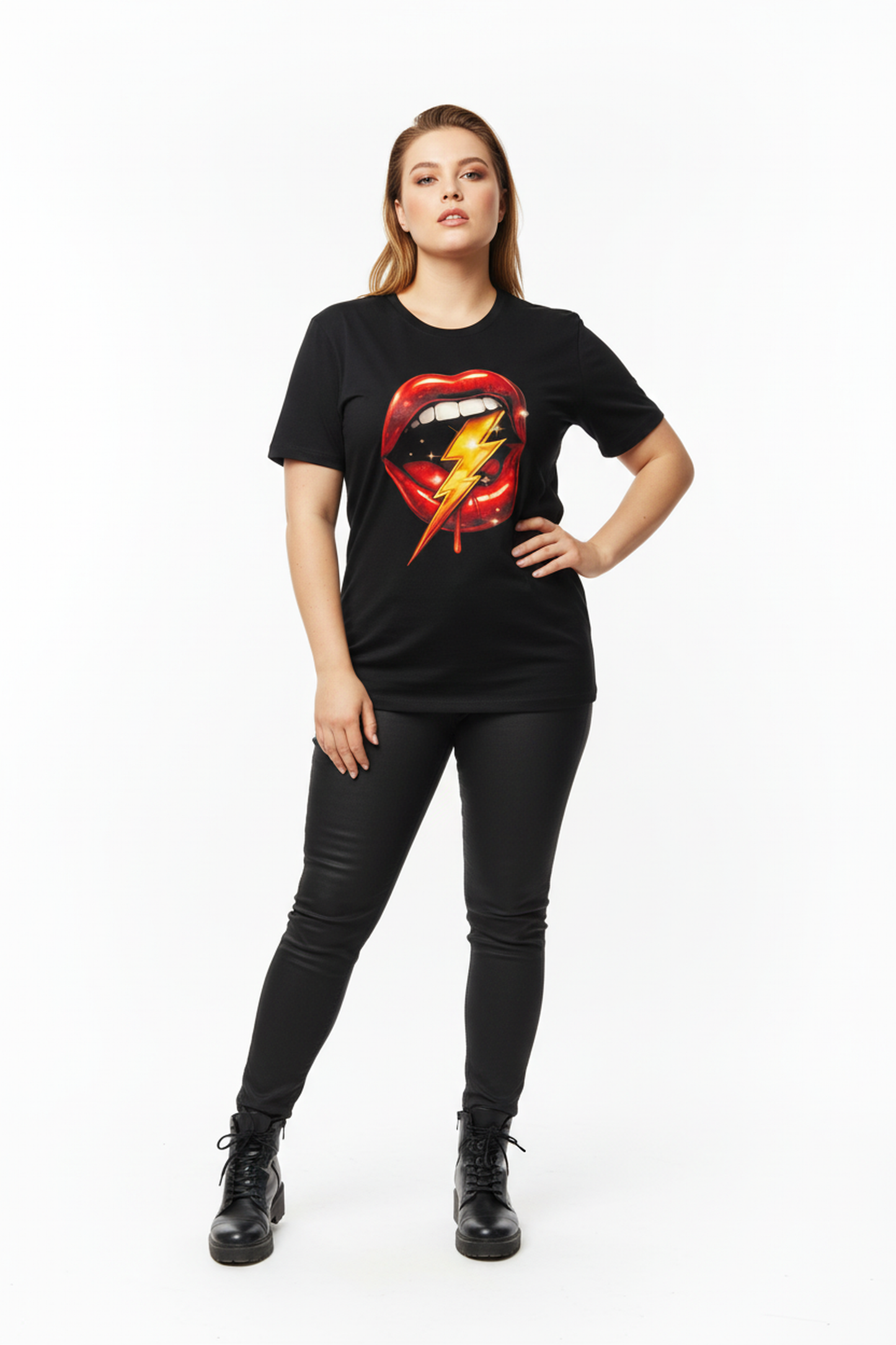 Woman wearing a black t-shirt with a graphic design on a white background