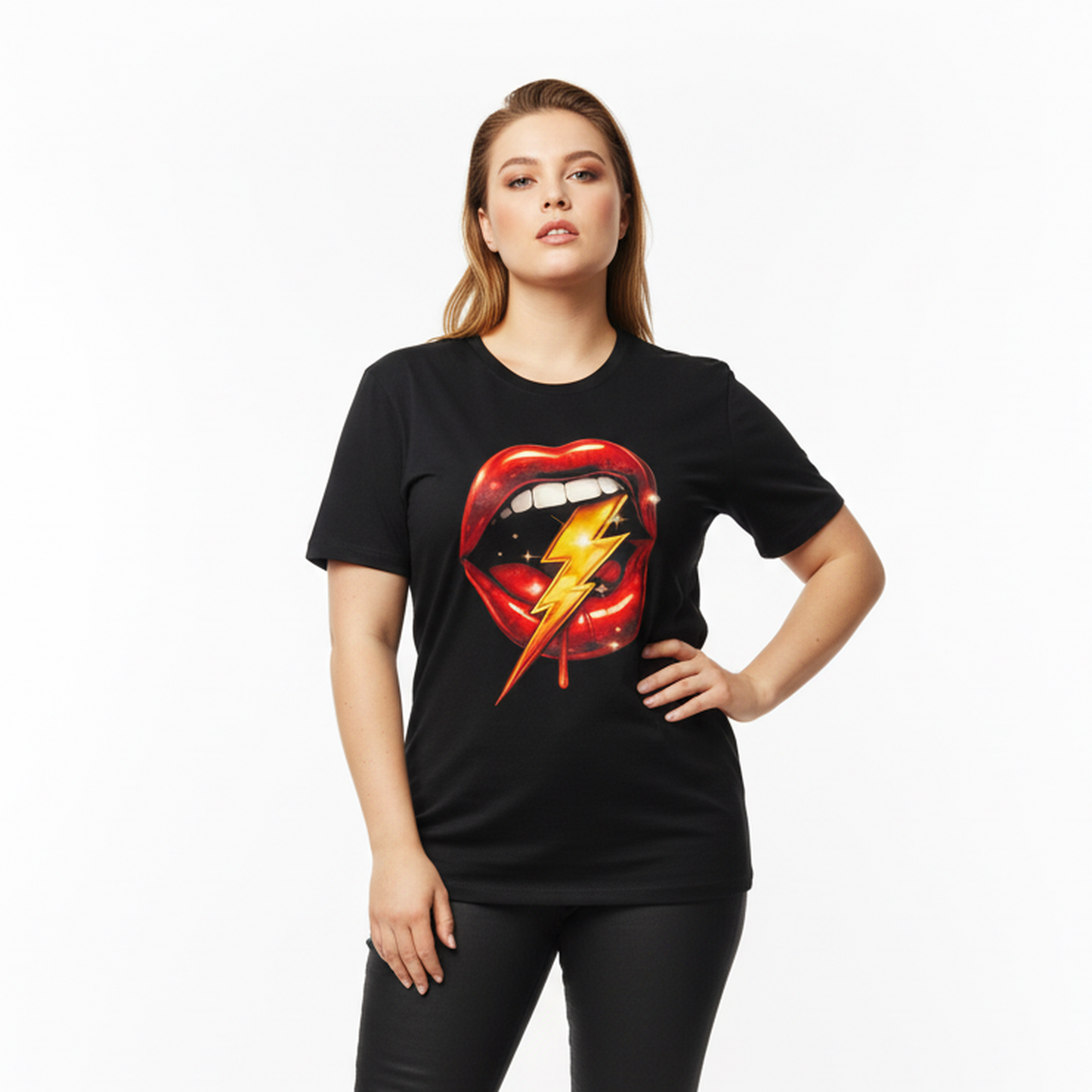 Woman wearing a black t-shirt with a graphic design of red lips and a lightning bolt on a white background
