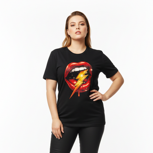 Woman wearing a black t-shirt with a graphic design of red lips and a lightning bolt on a white background